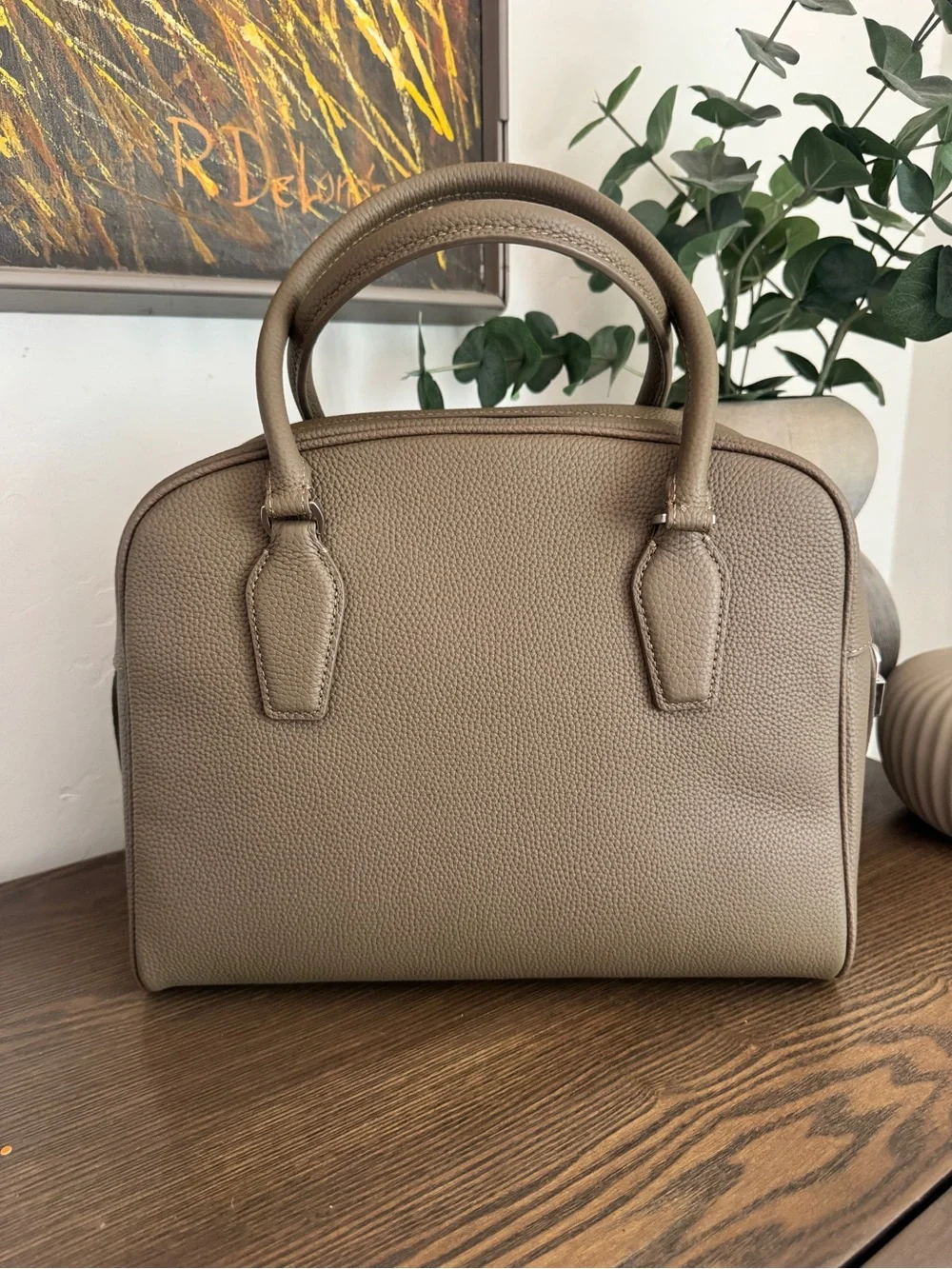 Structured Taupe Pebbled Leather Satchel